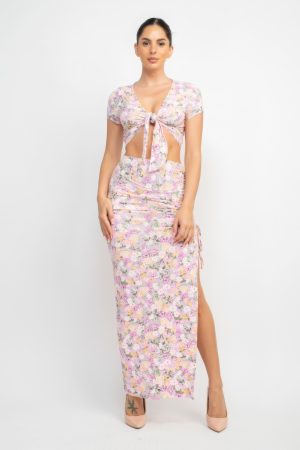 Front Knot Floral Top & Ruched Maxi Skirts Set CC